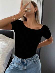 Top corto de escote redondo liso para verano, top halter - Negro - Ver 2