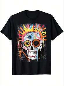 Unisex T-Shirt Made Of Pure Cotton, Men's & Women's Vintage Graffiti Skull Unisex 100% Cotton T-Shirt Soft, All Season Casual Streetwear Essential, All-Match All Season Style, Affordable Daily Wear & Perfect Christmas Gift For Fans And Friends, Summer T-Shirt, Summer Clothes Women's, Men's Summer Outfit, Women's Shirt, Creative Design, Outdoor Play, Cool Style, Fun Design, Great For Outdoor Play, Creative Design, Outdoor Play, Cool Style, Fun Design, Great For Outdoor Play - Black - View 5