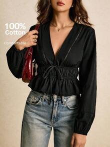 Camisa casual de mujer de unicolor con cuello en V y detalle de nudo en la parte delantera, de manga larga - Negro - Ver 10