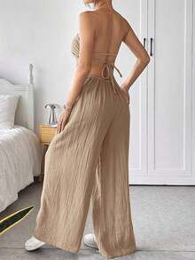 Mono de pierna ancha informal de mujer de talla grande, de algodón, con tirantes finos y espalda descubierta, para verano - Caqui - Ver 3