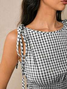 Blusa de cuadros verdes con cuello redondo, cintura con lazo y volantes en el bajo, hombros con lazo, para verano, tops de mujer, tops de verano, tops de concierto, tops de playa, tops con volantes, tops con lazo delantero, tops bohemios, tops de - Blanco y Negro - Ver 4
