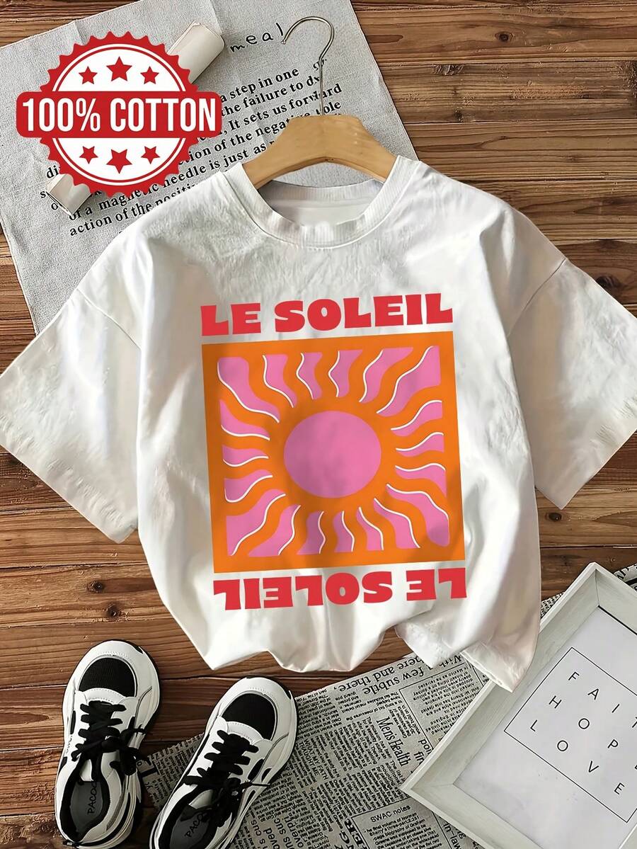 VintageVintage-Style "LE SOLEIL" Sun Print Short-Sleeve Round-Neck Pure T-Shirtsummer Tops - White - View 1