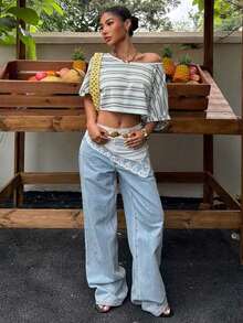 Camiseta de mujer de punto a rayas de estilo minimalista y casual, de un hombro, con efecto dopamina, adecuada para el uso diario, citas, reuniones, otoño/invierno/verano, Navidad, Año Nuevo, Acción de Gracias, fiestas, bodas, playa, ceremonias de graduación, moda, elegante, casual, salidas, citas, reservas, viajes, brillante, Día de San Valentín, vacaciones, Y2K y otras ocasiones. - Multicolor - Ver 3