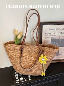 This Fresh Floral-Decorated Straw Tote Bag With A PU Shoulder Strap Is A Must-Have Large-Capacity Bag For Students And Office Workers On Summer Beach Trips. - Brown - View 2
