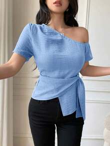 Blusa casual elegante de hombros con nudo, de corte slim para mujeres - Celeste - Ver 4