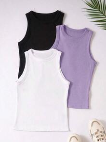 Camiseta De Mujer Con Cuello Redondo De Color Sólido En Verano Para Uso Casual - Multicolor 3 - Ver 1
