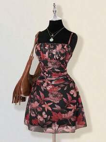 Vestido mini plisado con estampado de hoja de arce vintage para mujer, adecuado para vacaciones de verano y ropa de vuelta al colegio - Multicolor 3 - Ver 6