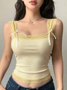 Camiseta ajustada sin mangas con adorno de encaje y atar para mujeres - Amarillo - Ver 7