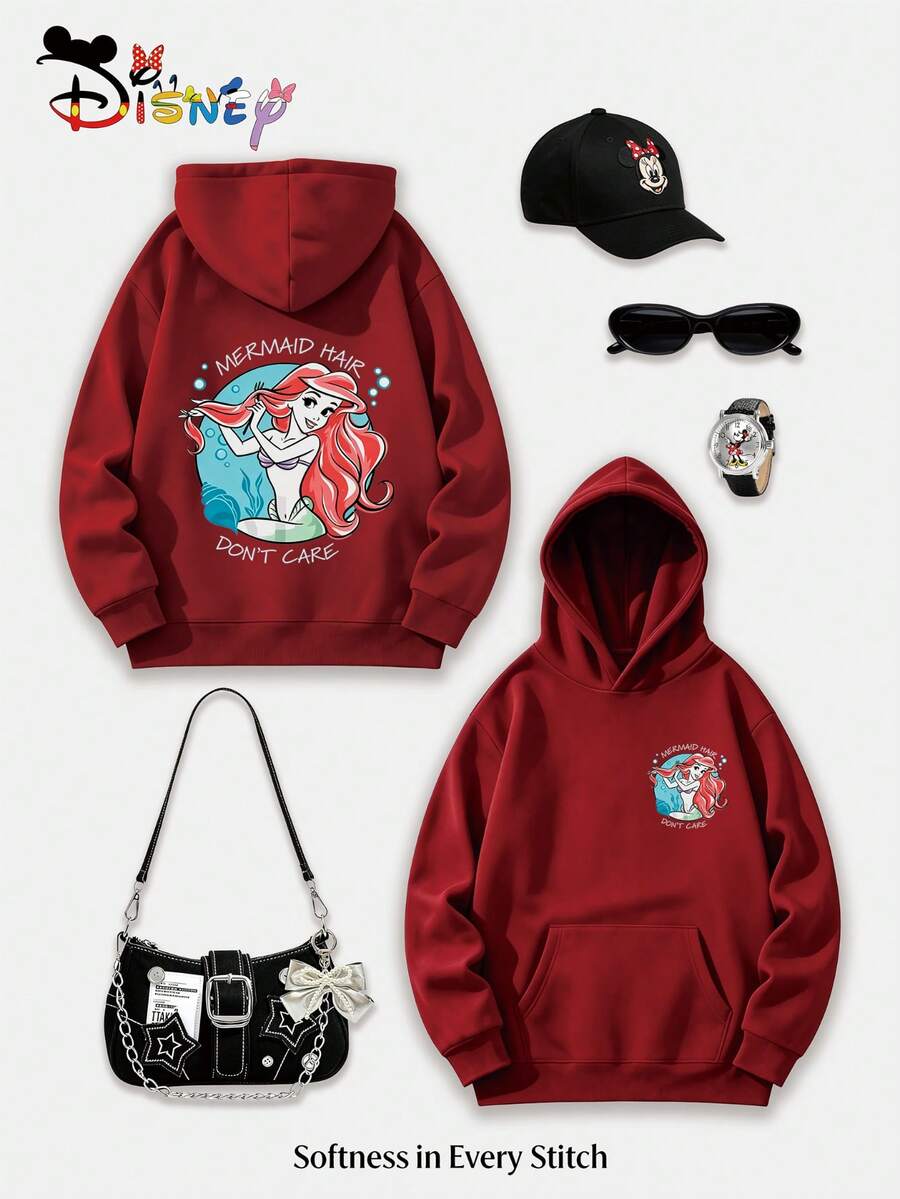 Disney Princess Series Y2K Printed Sweatshirt, LittleMermaidAriel Fun Text Print Loose Fit Top, Casual And Versatile Everyday Style (Women's Autumn/Winter Clothing/Elegant Women's Outfits/Patterned Hoodies/Printed Tops/Casual Outfits For Women/Women Trending Now/Holiday Co-Ord) - Đỏ - Xem 1