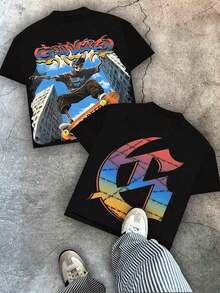 T-shirt stampate con design da skateboarder di Godspeed City, t-shirt da uomo in cotone a maniche corte dal taglio ampio, stile retrò casual Y2K, 100% cotone, ideali per l'abbigliamento quotidiano e come regali di Natale. - nero - Visualizzare 6