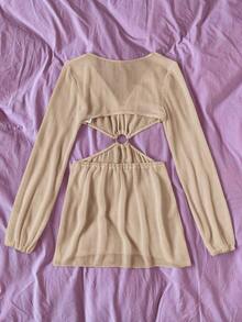 Vestido camisa de mujer con cuello en V, recorte en la cintura y manga larga - Caqui - Ver 5