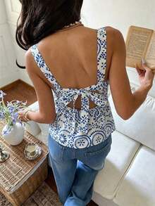 Camiseta sin mangas con volantes y estampado de lunares para vacaciones - Azul 2 - Ver 7
