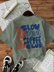 [Double-Sided Print] Women's Fashion Spring-Summer T-Shirt, Hand-Painted Style, Coffee Cup Print, SLOW MORNING COFFEE CLUB SERVED DAILY, Round Neck, Short Sleeve, 100% Cotton Women's T-Shirt [Chu K], Short Sleeve Graphic Print Streetwear Style T-Shirt For Summer - 綠色 - 查看 4