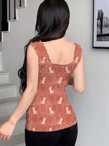 Top de tirantes con estampado de corazón y diseño de cintura ajustada, con lazo, moda de verano - Multicolor 2 - Ver 2