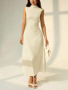 Vestido maxi de línea A con cuello mao, sin mangas, fruncido, color blanco, nuevo para el Día de San Valentín.Elegante y romántico atuendo para citas y trabajo, vestidos de verano para mujer - Amarillo claro - Ver 9