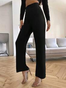 Pantalones de pierna recta unicolores - Negro - Ver 3