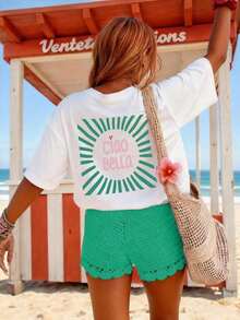 1 pieza [Impresión a doble cara] Blusa holgada de estilo vintage para mujer, con diseño de rayos y estampado "Ciao Bella", manga corta, cuello redondo, casual, blanca, 100% algodón. - Blanco - Ver 2