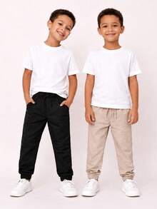 Calça INFANTIL Menino de Sarja Alta Qualidade Slim Criança Social - Preto + Bege - Visão 1