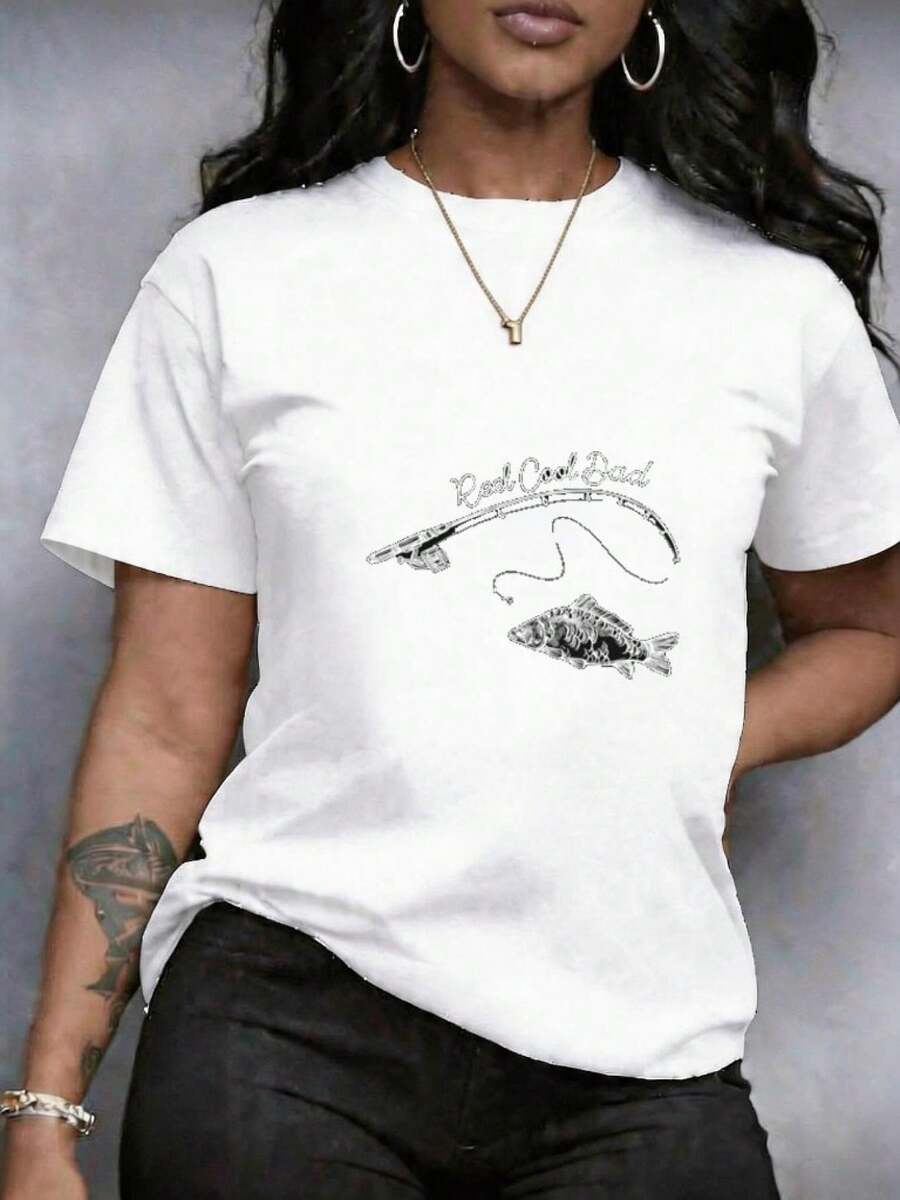 Women's Floral Print T-Shirt With Fishing Rod, Fish, And Text Design, Soft Crew Neck Short Sleeve T-Shirt, Casual Crew Neck Short Sleeve T-Shirt, In A Smart Casual Style, Urban Fashion, Vintage Print, Available In Plus Sizes, Ideal For Casual Wear, Everyday Casual, Comfortable T-Shirt, Soft, Breathable, Machine Washable - 白色 - 查看 1