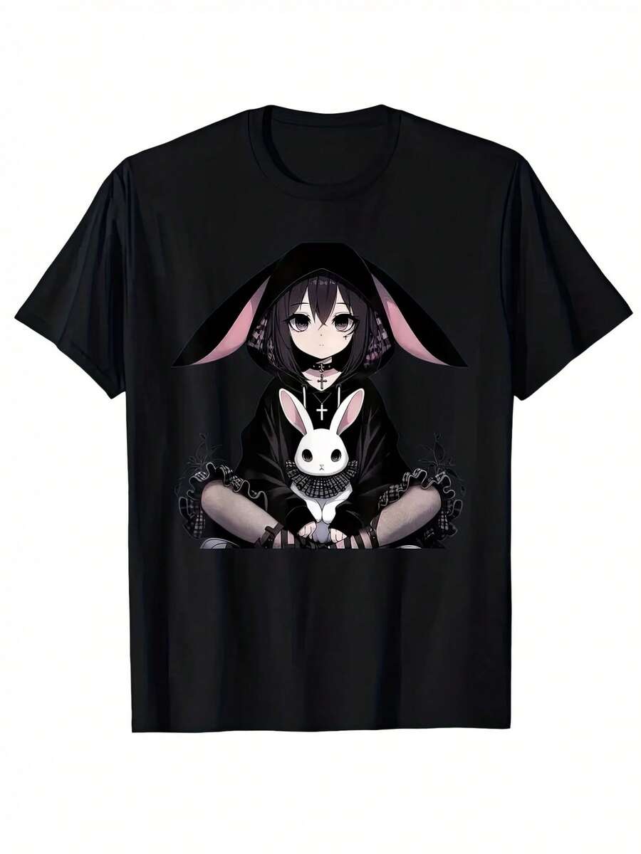 Camiseta con estampado, top casual de manga corta y cuello redondo, ropa de mujer para primavera y verano. - Negro - Ver 1