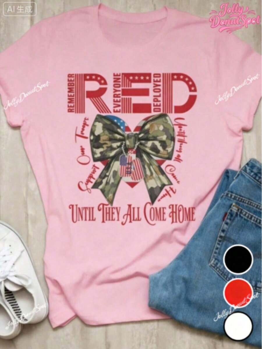 Red Friday T-Shirt, A Tribute To Every Soldier, We Wear Red Shirts On Fridays, A Military-Themed Gift (Ideal For Wife/Mother/Father/Girlfriend), Printed T-Shirt For Festive Celebrations, 100% Pure Cotton, A Great Gift For Friends And Family, Suitable For All Seasons - 粉色 - 查看 1