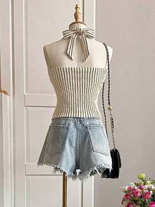 Top corto sin mangas con cuello halter y rayas, estilo callejero para mujer - Albaricoque - Ver 2