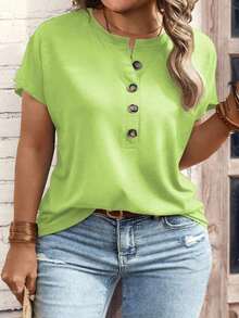 Camiseta de manga corta con botones talla grande - Verde - Ver 1
