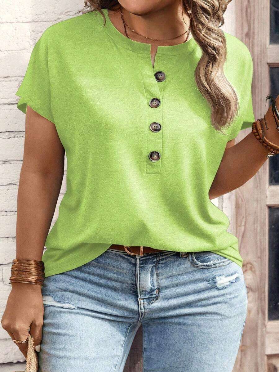 Camiseta de manga corta con botones talla grande - Verde - Ver 1