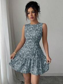 Vestido mini con estampado floral elegante de estilo bohemio sin mangas con cinturón, adecuado para la temporada de graduación, festivales y uso de verano, primavera/verano - Azul - Ver 4
