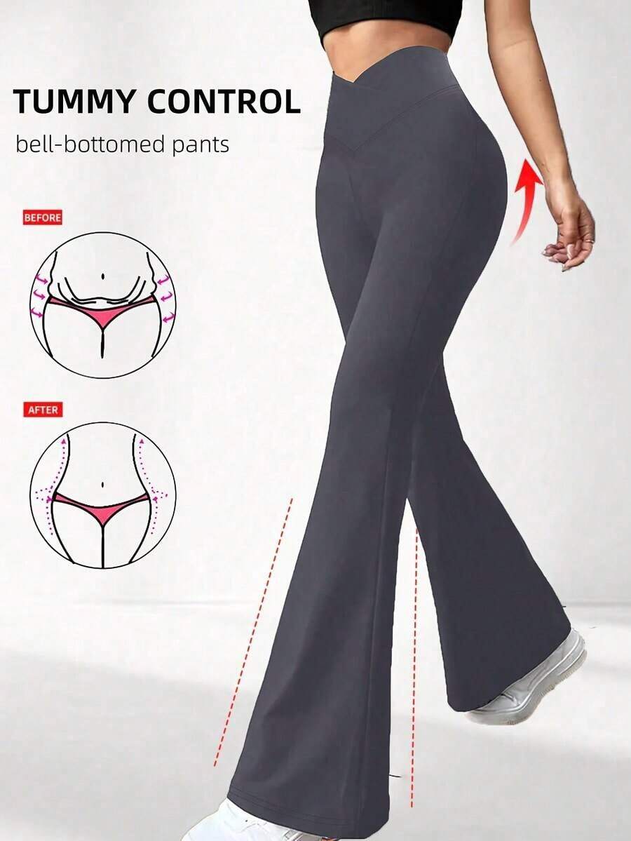 Pantalones acampanados con cintura cruzada para mujer, pantalones deportivos y de yoga de unicolor de poliéster de alta elasticidad, pantalones casuales largos con cintura cruzada, mallas ajustadas de unicolor para entrenamiento, pantalones de pierna ancha de tejido de punto adecuados para fitness y uso casual, negro, primavera - Gris Oscuro - Ver 1