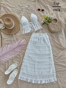 Nuevo top sin espalda con tirantes ajustables y textura, para primavera, verano, Pascua, festivales de música electrónica, estilo occidental para mujer, bohemio, vaquera, modesto, estilo fairy core, vacaciones tropicales, despedida de soltera, - Blanco - Ver 7
