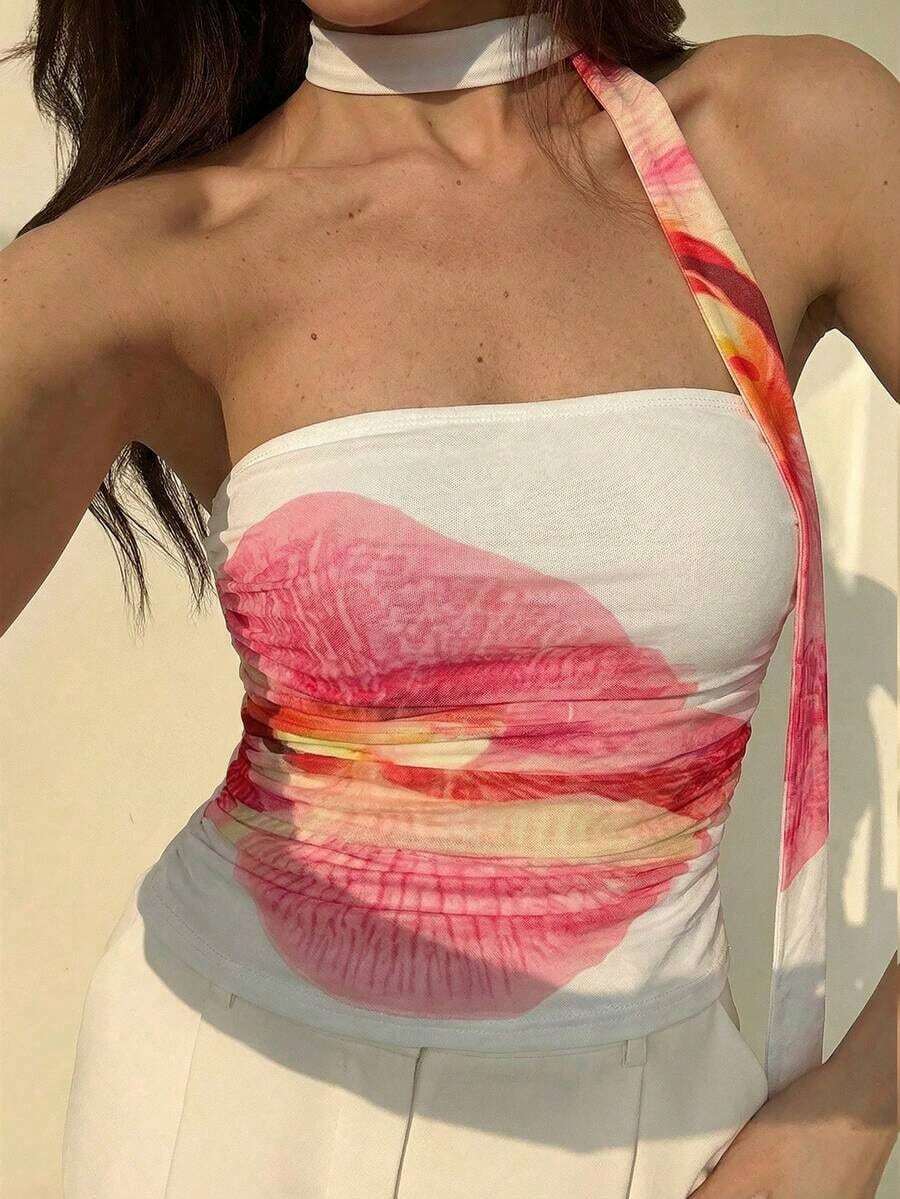 Blusa elegante y romántica de mujer con estampado floral teñido anudado y volantes sin tirantes - Multicolor 4 - Ver 1