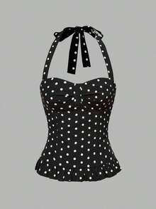 Avant Conjunto de camiseta sin espalda con cuello halter de estilo romántico de vacaciones con lunares y cuadros para mujer - Multicolor - Ver 4