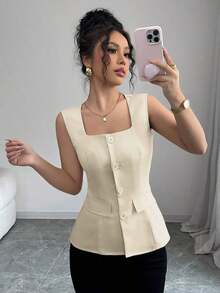 Blusa elegante de mujer con cuello cuadrado sin mangas, decoración con bolsillo falso, camisa ajustada de oficina, primavera/verano - amarillo ganso - Ver 8