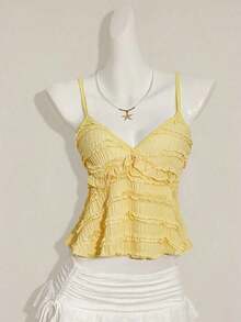 Blusa de tirantes de mujer con volantes de tela texturizada de unicolor para el verano y vacaciones - Amarillo claro - Ver 1