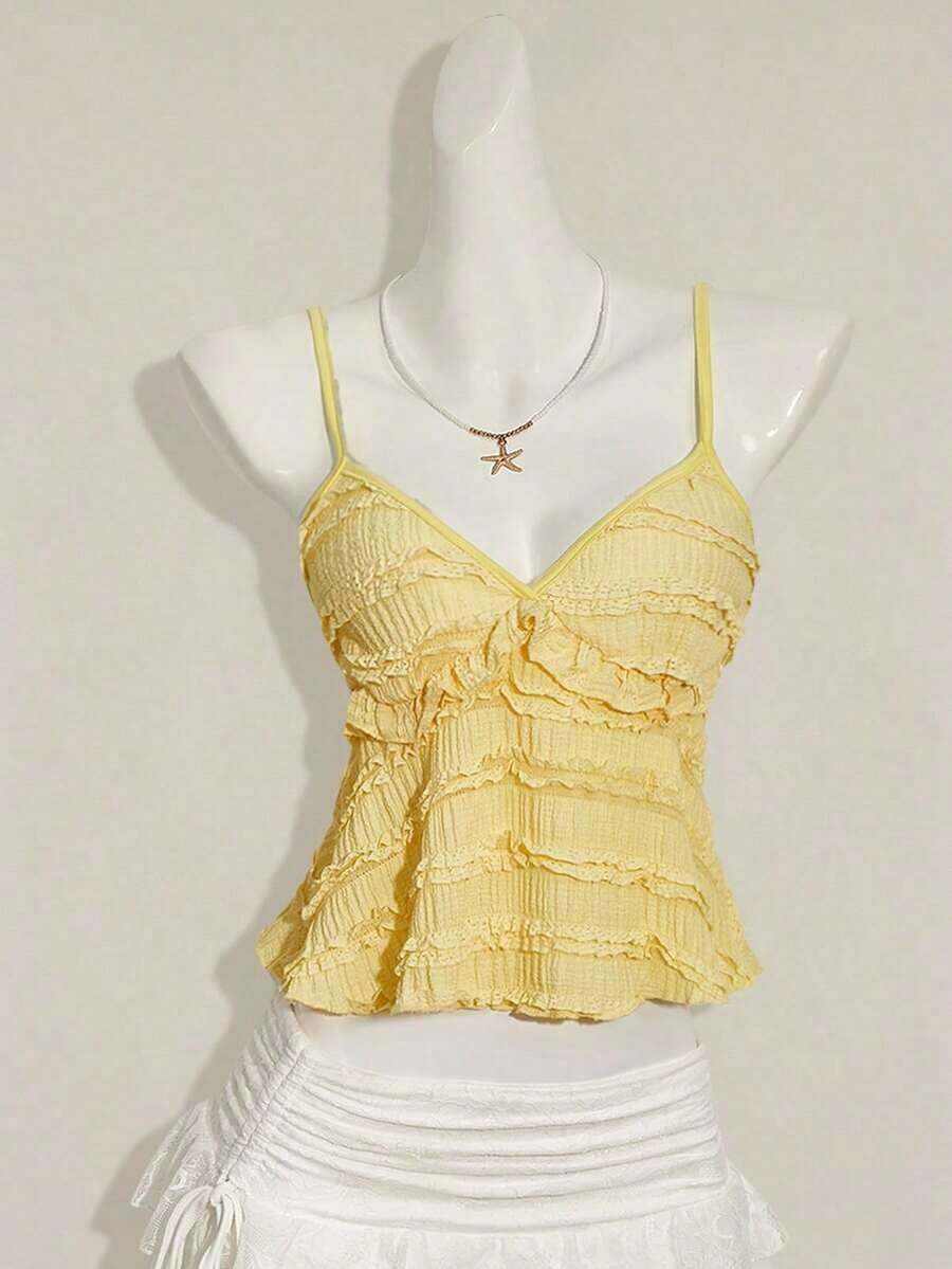 Blusa de tirantes de mujer con volantes de tela texturizada de unicolor para el verano y vacaciones - Amarillo claro - Ver 1