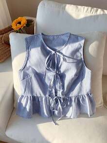 Blusa de rayas y estampado sin mangas para uso diario sencilla, tops sin mangas - azul real - Ver 4