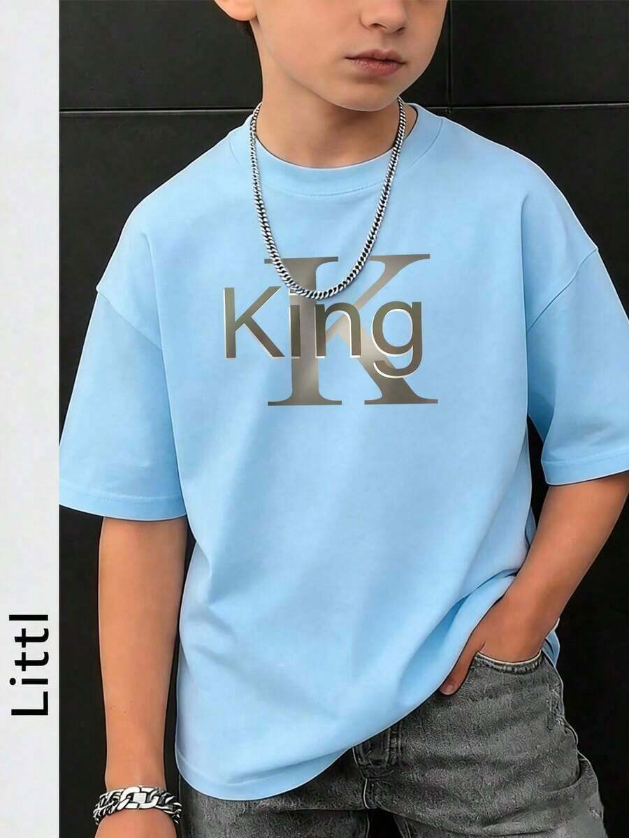 Camiseta de manga corta con cuello redondo y estampado de la palabra "Rey" en estilo urbano para niños - Gris - Ver 1