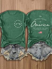 Women's Short-Sleeved Crew Neck T-Shirt, European And American Style, Lightweight And Breathable, With An American-Inspired Design Featuring 1776 Motifs And The National Flag, Suitable For Casual Autumn Wear, A Fashionable And Comfortable Printed Blouse, Versatile And Urban Style - Breathable And Skin-Friendly. - 深綠色 - 查看 12