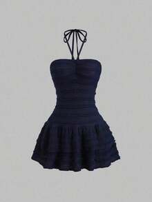 Vestido corto de verano para mujer con cuello halter, nudo en la cintura y volantes - Azul marino - Ver 8