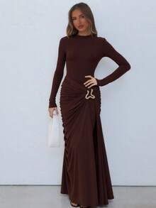 Vestido otoño invierno unicolor cuello redondo manga larga adornos metálicos plisado ajustado elegante estilo europeo para mujer - Marrón - Ver 8