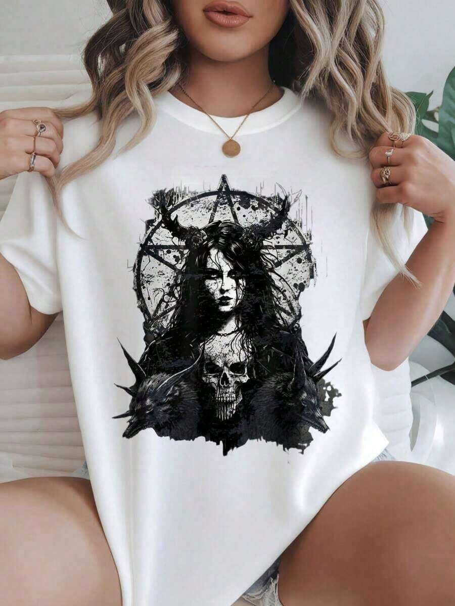 Women's Casual Short Sleeve T-Shirt - Gothic Black And White Skull And Pentagram Design, Crew Neck, Summer Top, Machine Washable, Ladies' T-Shirts, Casual Wear, Modern Style, Comfortable Fit
-White - 白色 - 查看 1