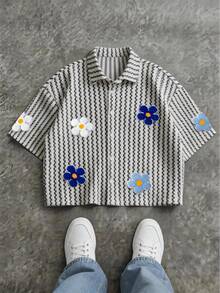Men's Fashion Textured Oversized Knit Shirt, Suitable For Casual Daily Wear In Summer, With Printed Floral Design, Minimalist Versatile, Short Sleeve Commuter Top [Short Style] - White - View 1