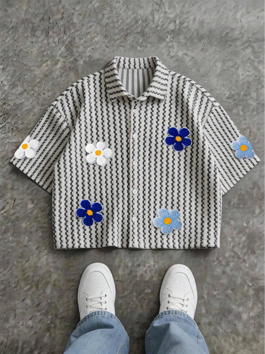 Men's Fashion Textured Oversized Knit Shirt, Suitable For Casual Daily Wear In Summer, With Printed Floral Design, Minimalist Versatile, Short Sleeve Commuter Top [Short Style] - White - View 1
