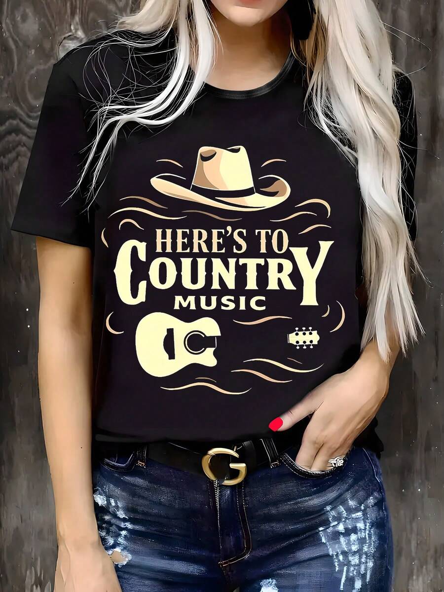Camiseta Casual de Cuello Redondo para Mujer Talla Grande, Estampado de Letras/Diseño, Estilo Primavera/Verano, Cómoda y Fácil de Cuidar, Ideal para Uso Diario - Negro - Ver 1