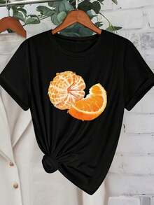 Camiseta Clásica de Manga Corta con Estampado de Rodajas de Naranja y Frutas, Nueva Colección de Verano, Camiseta Casual Elegante para Mujer, Ropa de , Éxito de - Negro - Ver 7