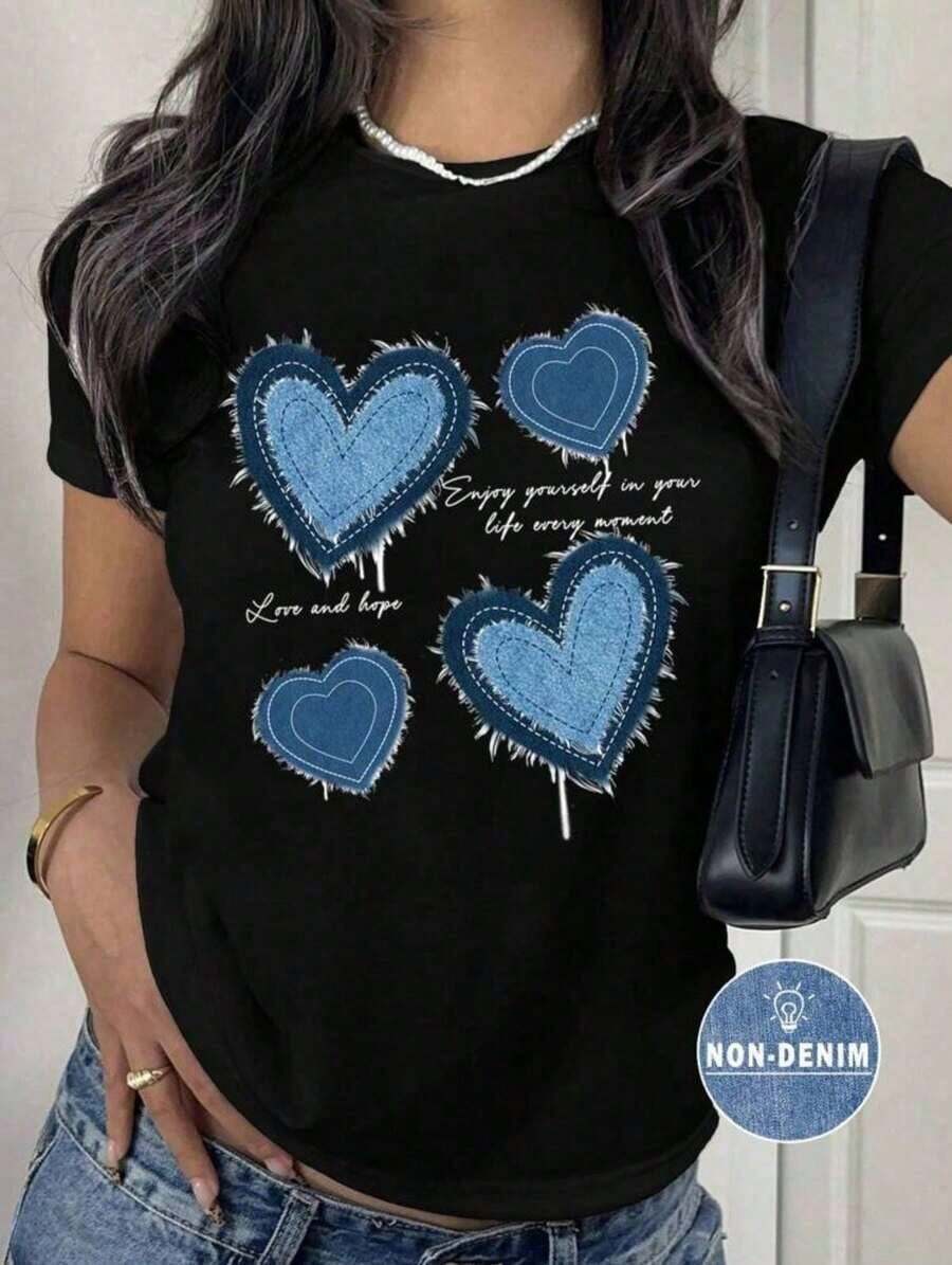Playera básica mujer dama cuello redondo manga corta estampado GRAFICO DE CORAZON HEART GRAPHIC ESTAMPADO EFECTO MEZCLILLA DENIM EFFECT PRINT-Vintage Street Style Unisexoose Cotton Short Sleeve Crew Neck T-Shirt - Negro - Ver 1