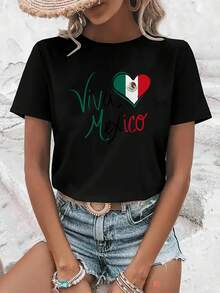 Camiseta casual de cuello redondo para mujer, edición limitada, diseño estampado, corte holgado de cuello redondo, tela transpirable de elasticidad media, lavable aáquina, top versátil para todas las estaciones, adecuada para uso diario, diseño divertido, material cómodo, estilo moderno, algodón ligero. - Negro - Ver 1