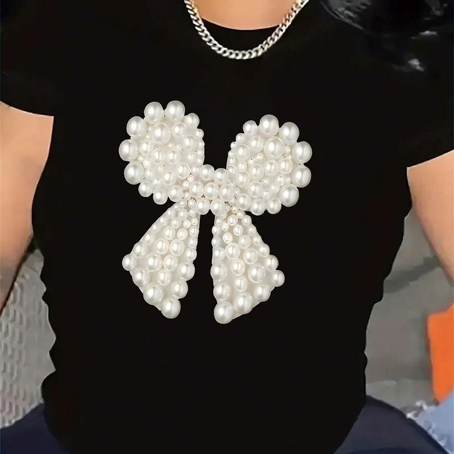 Women's T-Shirt With Sparkling Golden Cherry Design - 黑色 - 查看 1