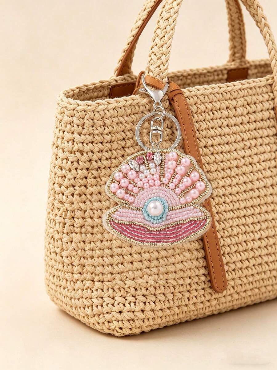 1 chiếc móc khóa/túi xách hình vỏ sò làm thủ công bằng vải không dệt, phong cách Bohemian biển cả mùa hè, đính hạt ngọc trai giả, thích hợp cho phụ nữ đi biển, nghỉ mát và mặc thường ngày. - Màu xanh nhạt - Xem 1